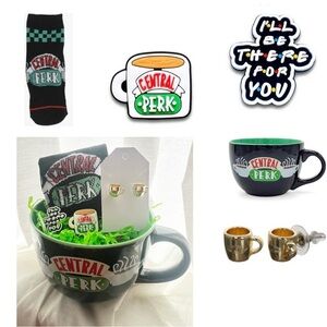 FRIENDS Gift Bundle of 5 - Central Perk Mug, Earrings, Socks & Shoe Charms - New